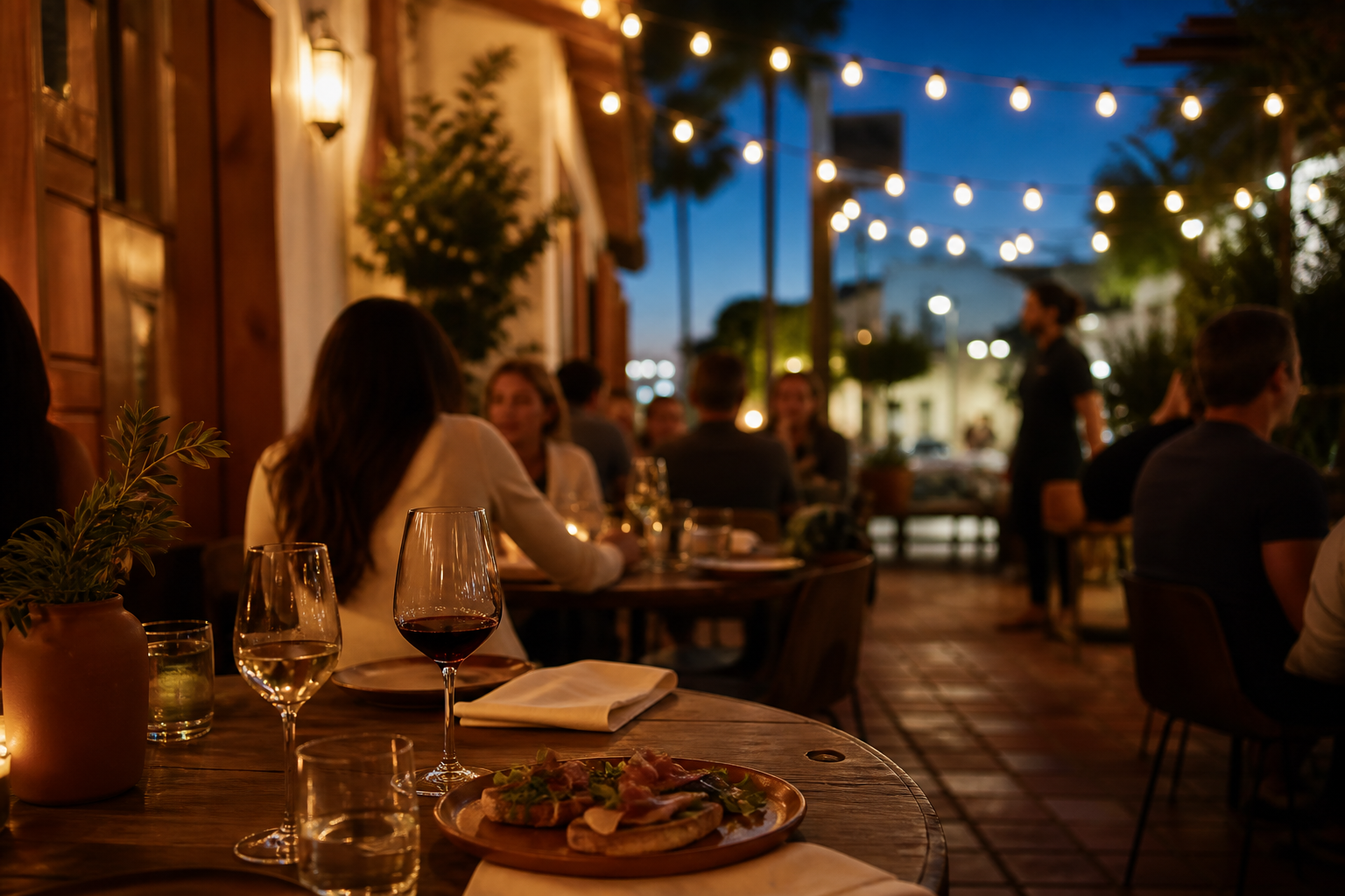 A neighborhood patio at dusk, wine and a plate on the table